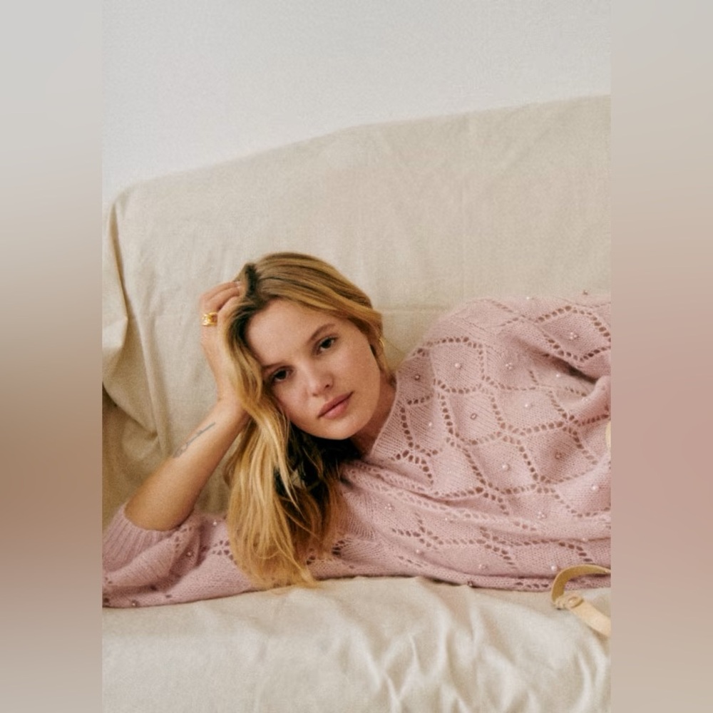 Sezane Federica Jumper Powder Pink Pearls Jewels open knit mohair Size M - Picture 2 of 9